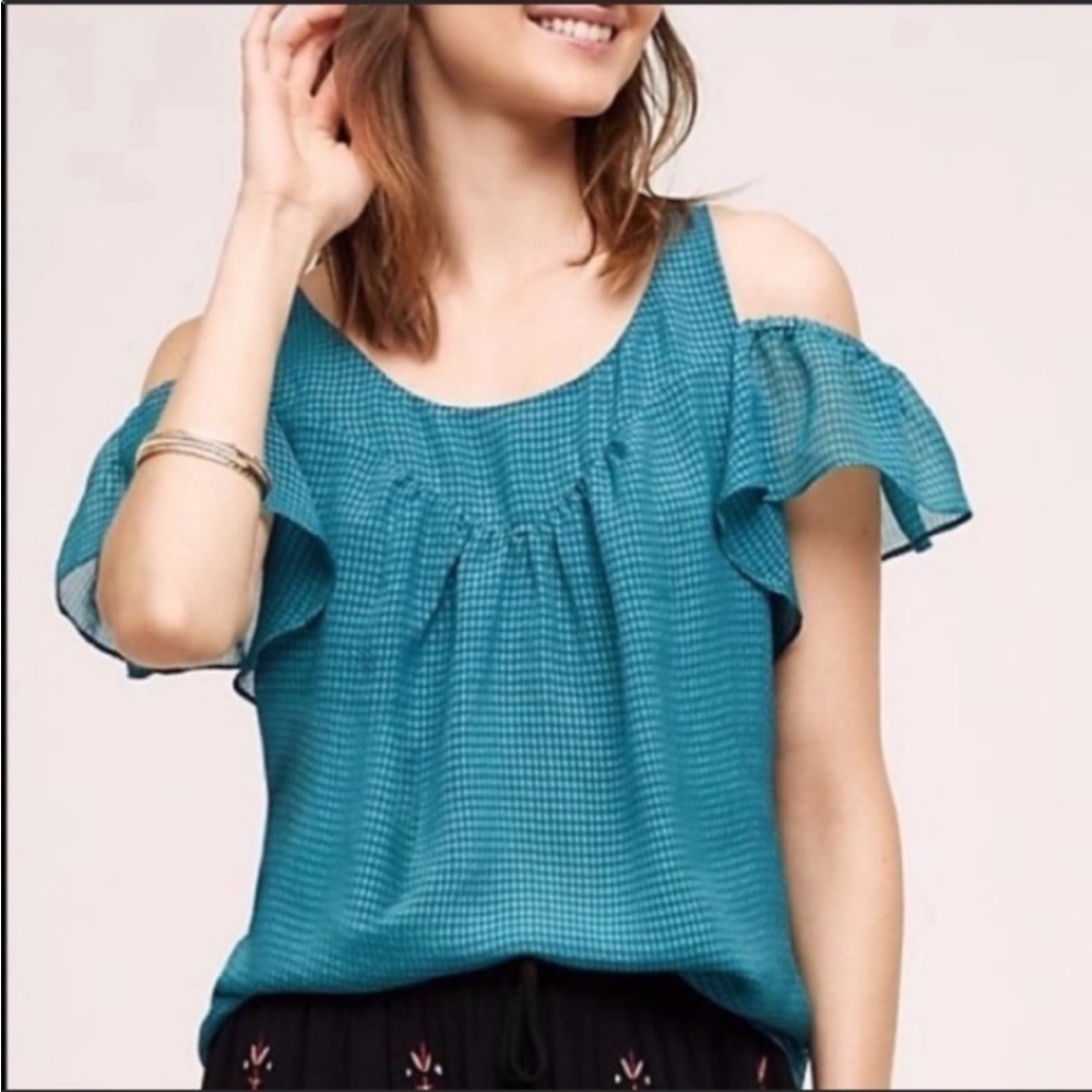 Maeve x Anthropologie/ Tavin Checkered Cold Shoulder Blouse
